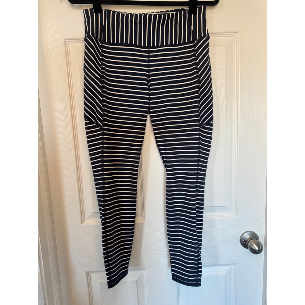 Athleta Striped High Rise Leggings Navy White Zipper Pocket Yoga Pants Medium